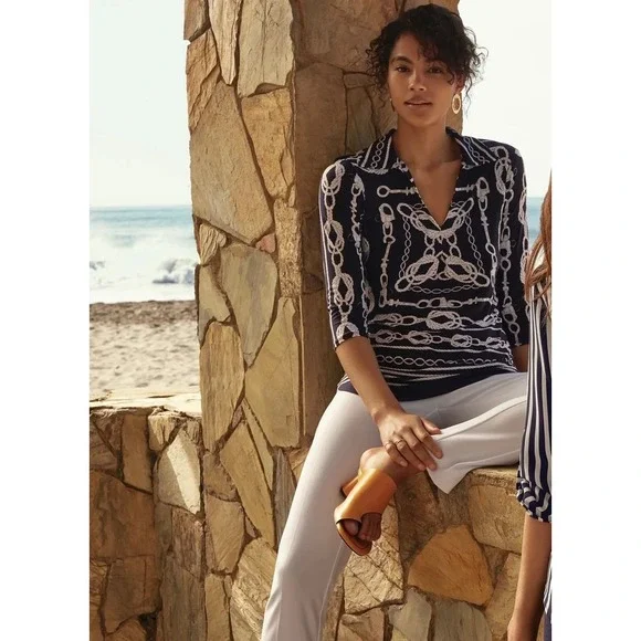 Joseph Ribkoff Nautical Rope V-Neck Top in Midnight Blue/Vanilla size 12 - Picture 4 of 14